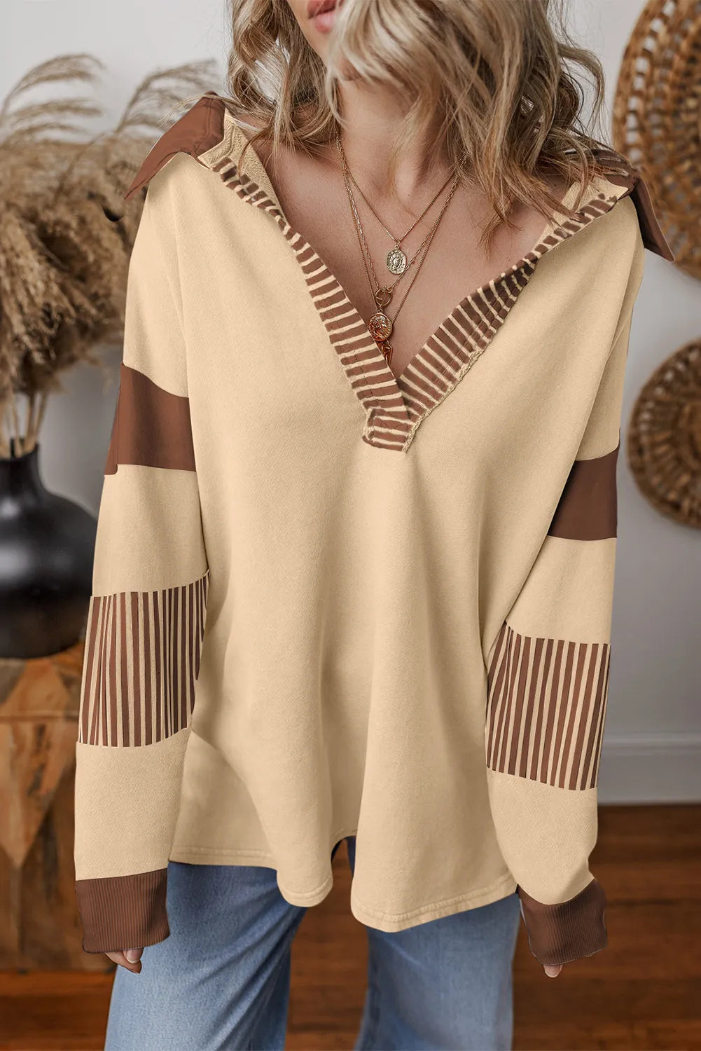 Light French Beige Striped Colorblock Patchwork Collar Sweatshirt - Chic Meadow Boutique 