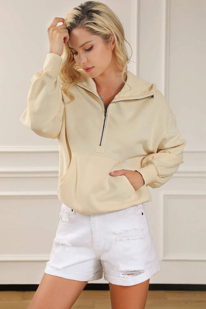 Beige Ribbed Trim Kangaroo Pocket Zipped Hoodie - Chic Meadow Boutique 