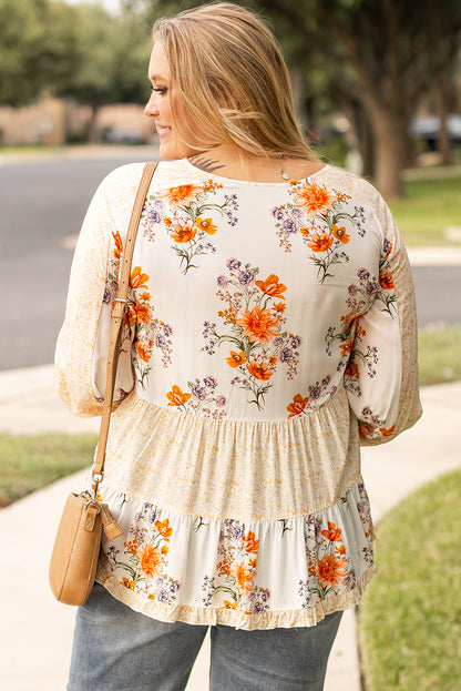 White Plus Size Floral Print V Neck Puff Sleeve Blouse