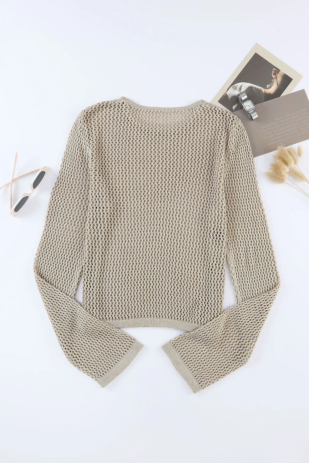 Tops/Long Sleeve Tops Khaki Hollow-out Knit Long Sleeve Top