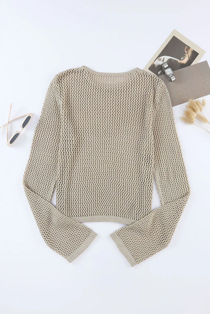 Tops/Long Sleeve Tops Khaki Hollow-out Knit Long Sleeve Top