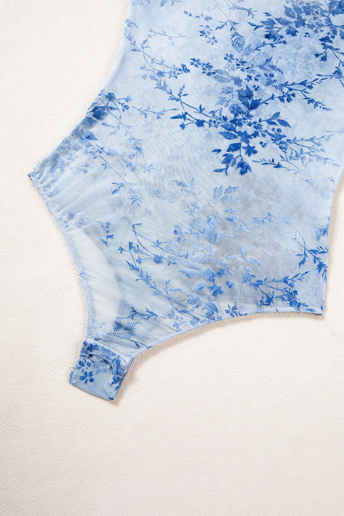 Sky Blue Sheer Mesh Floral Printed Mock Neck Long Sleeve Bodysuit