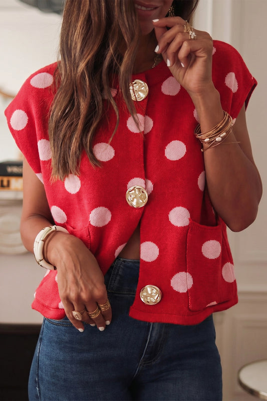 Red Polka Dot Sleeveless Knit Button Drop Shoulder Sweater Vest
