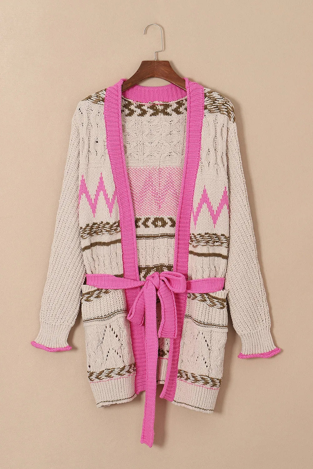 Gray Geometric Cable Knit Pocketed Open Front Cardigan - Chic Meadow Boutique 