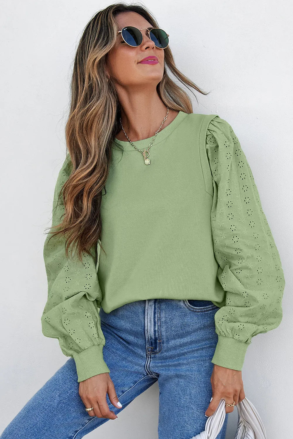 Mist Green Solid Patchwork Sleeve Round Neck Sweatshirt - Chic Meadow Boutique 