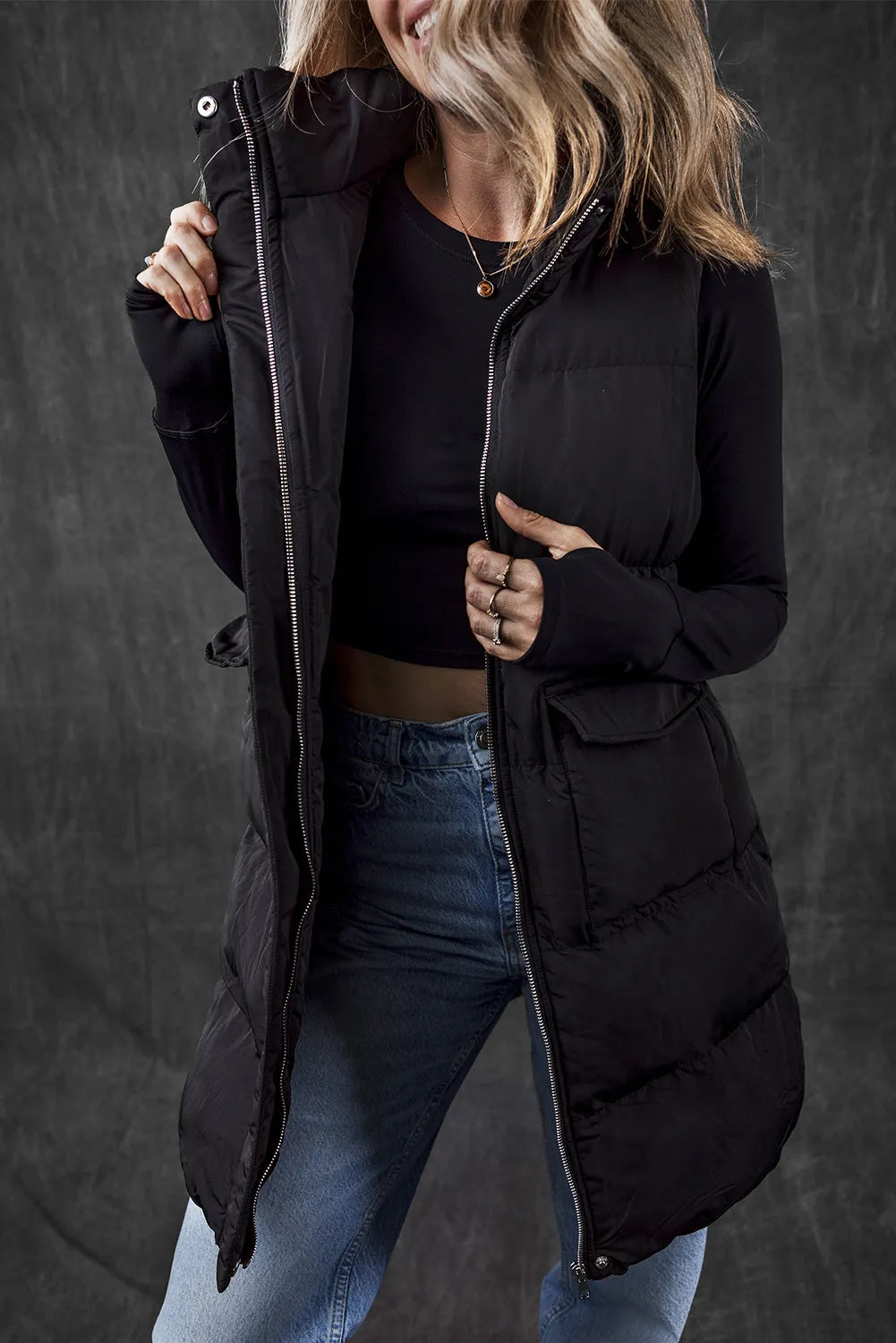 Black Windproof Longline Full Zipper Puffer Vest with Pockets - Chic Meadow Boutique 