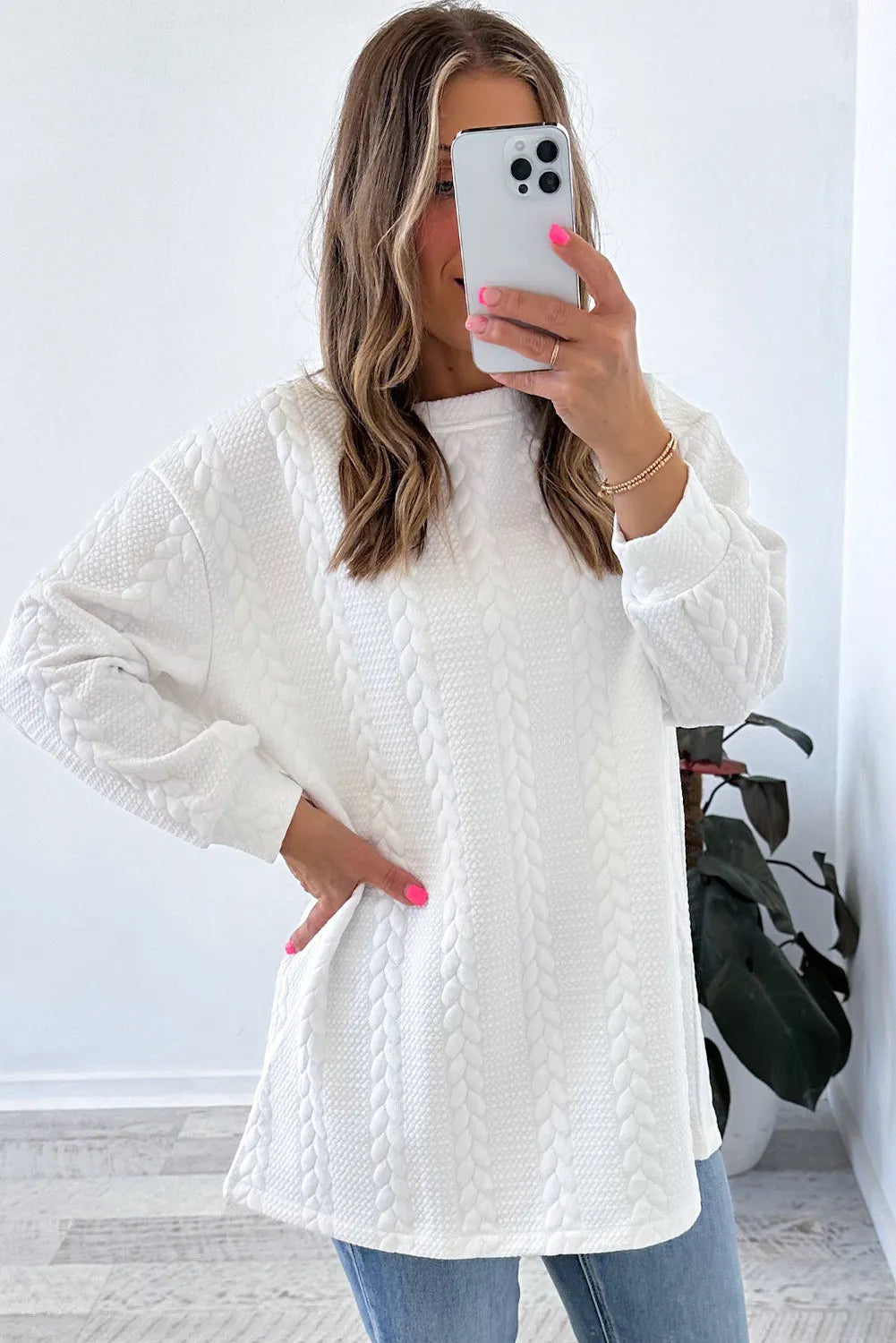 White Cable Textured Long Sleeve Round Neck Top - Chic Meadow Boutique 