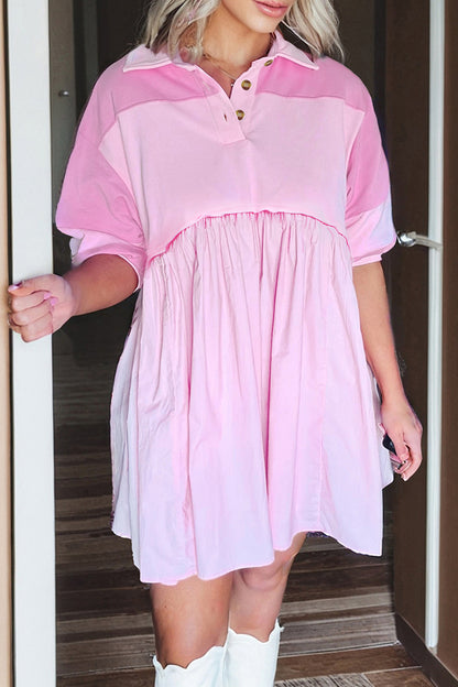 Pink Raw Seam Color Block Patchwork Button Polo Collar Mini Dress