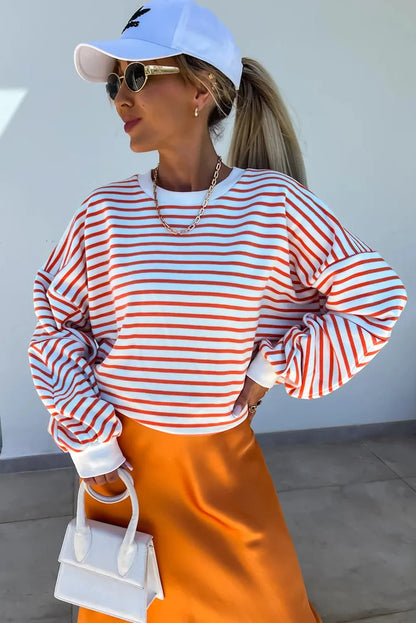 Orange Stripe Drop Shoulder Crew Neck Loose Sweatshirt - Chic Meadow Boutique 