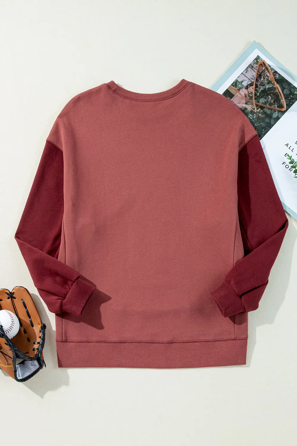 Mineral Red Two Tone Patchwork Drop Shoulder Pullover Sweatshirt - Chic Meadow Boutique 