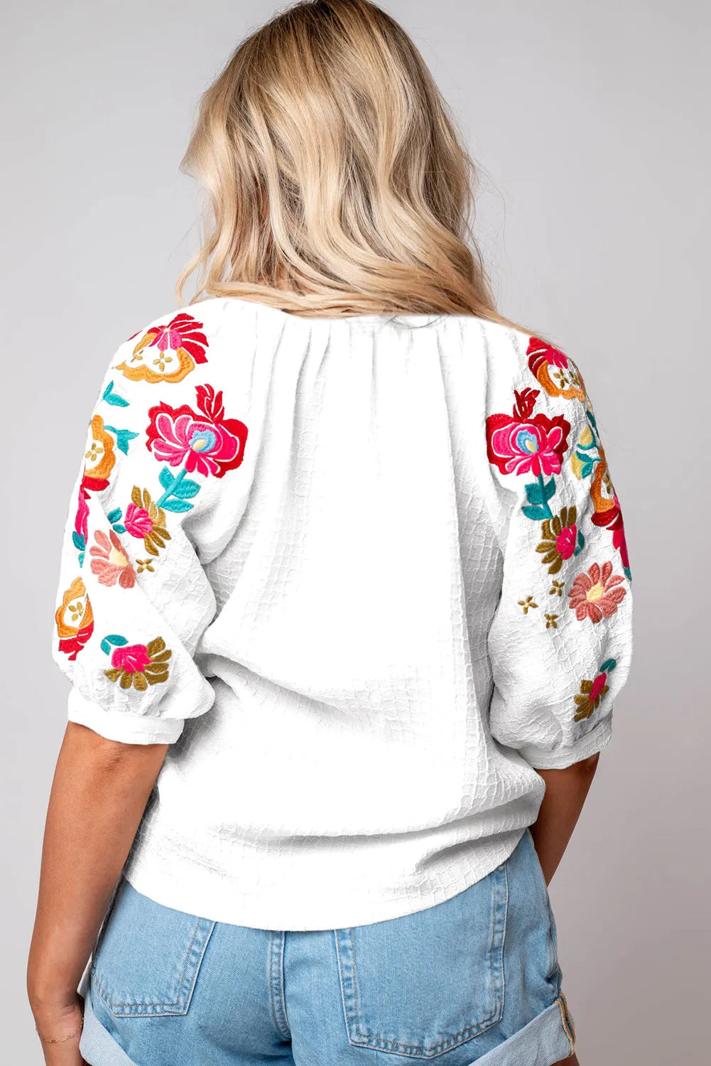 White Floral Embroidered Ricrac Puff Sleeve Textured Blouse - Chic Meadow Boutique 