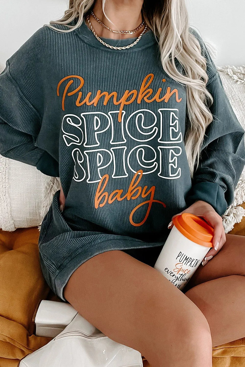 Dark Grey Halloween Pumpkin Spice Baby Graphic Textured Sweatshirt - Chic Meadow Boutique 