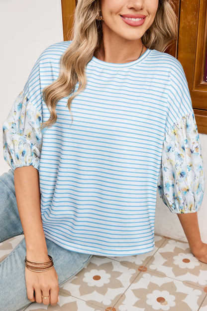 Sky Blue Stripe Floral Three Quarter Sleeves Patchwork Drop Shoulder Top
