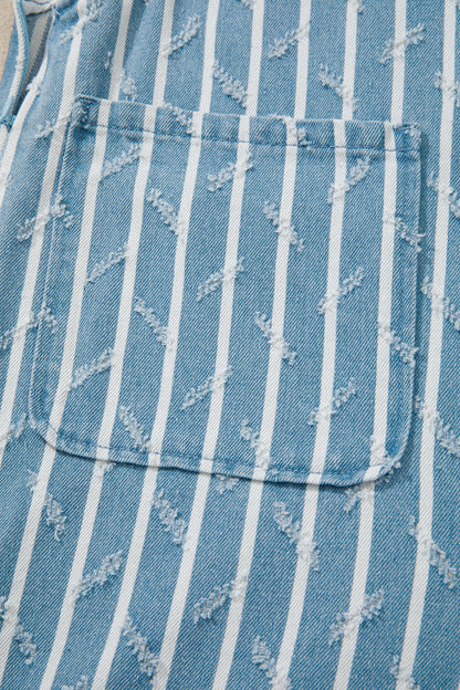Myosotis Striped Distressed Ruffled Wide Leg Denim Overalls