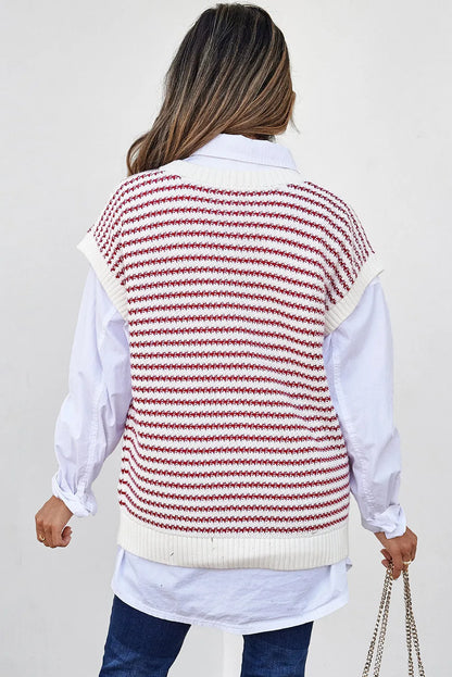 Red Stripe Ribbed Trim Loose Fit Knitted Sweater Vest - Chic Meadow Boutique 