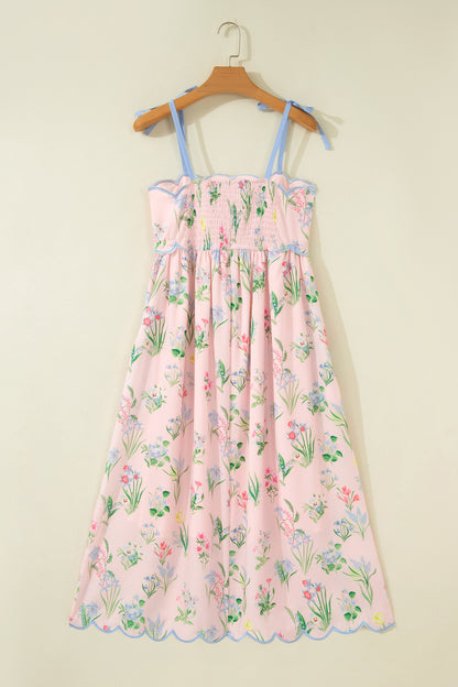 Pink Floral Print Contrast Trim Self-tie Straps High Waist Midi Dress