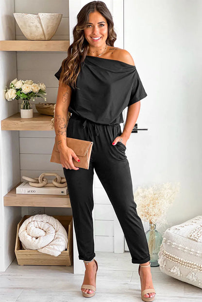 Black Tie Waist Short Sleeve Tapered Jumpsuit - Chic Meadow Boutique 