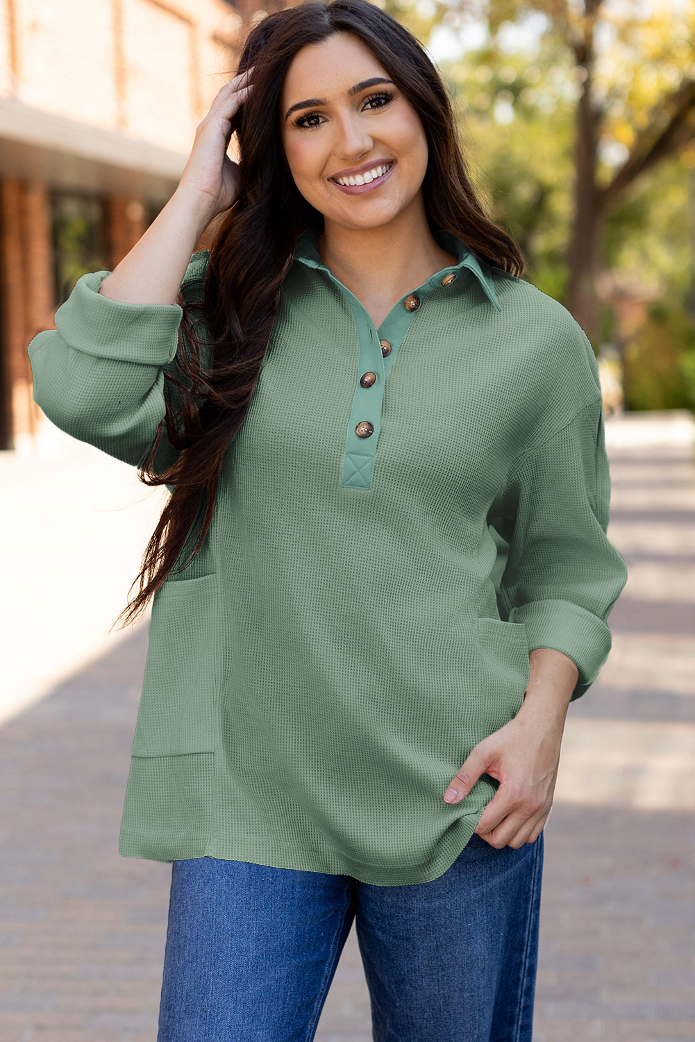 Smoke Green Waffle Long Sleeve Collar Half Button Loose Top