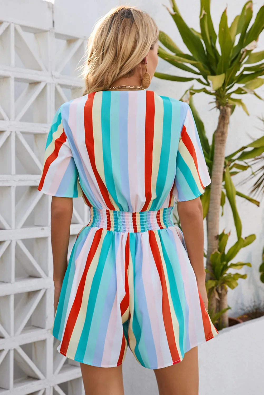 Multicolor Stripe Print Tie V Neck Flowy Romper - Chic Meadow Boutique 