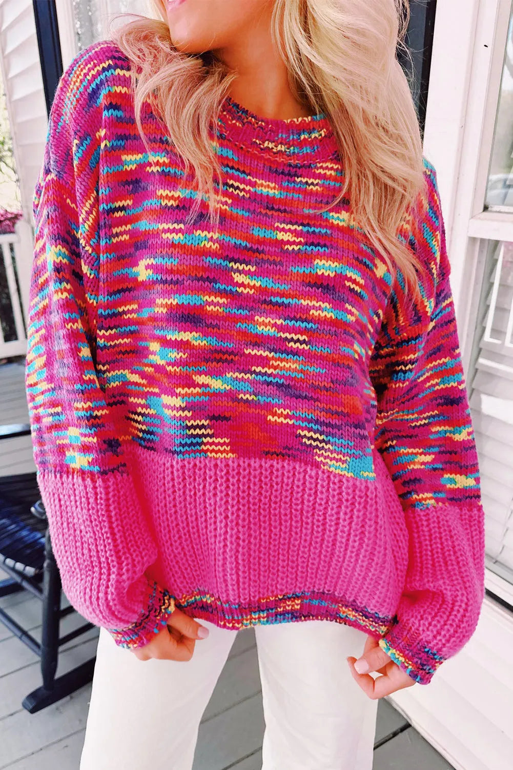 Bright Pink Rainbow Confetti Drop Shoulder Sweater - Chic Meadow Boutique 