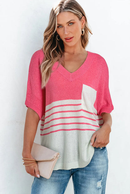 Strawberry Pink Contrast Stripes V Neck Knitted Short Sleeve Top - Chic Meadow Boutique 