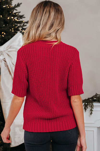 Fiery Red Plaid Lace up Detail Christmas Holiday Puff Short Sleeve Sweater