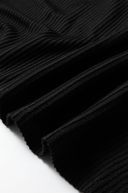 Black Plus Size Contrast Frilled Neckline Ruffled Short Sleeve Ribbed Textured Blouse