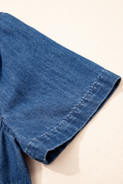 Blue Zip up Collared Short Sleeve Shift Mini Denim Dress