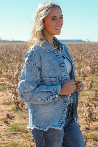 Sky Blue Studded Acid Wash Denim Jacket - Chic Meadow Boutique 