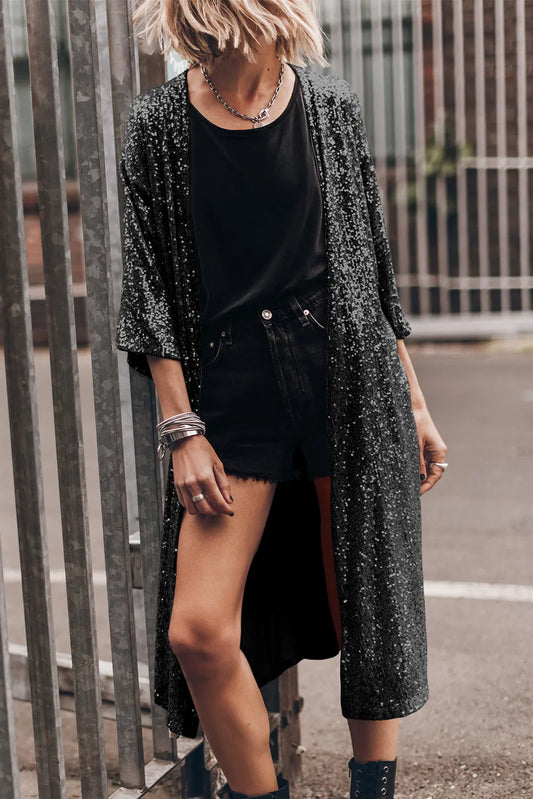 Black Sequin 3/4 Sleeve Open Front Duster Kimono - Chic Meadow Boutique 