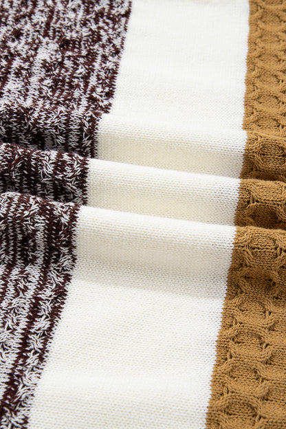 Brown Mixed Texture Knit Striped Color Block Loose Sweater