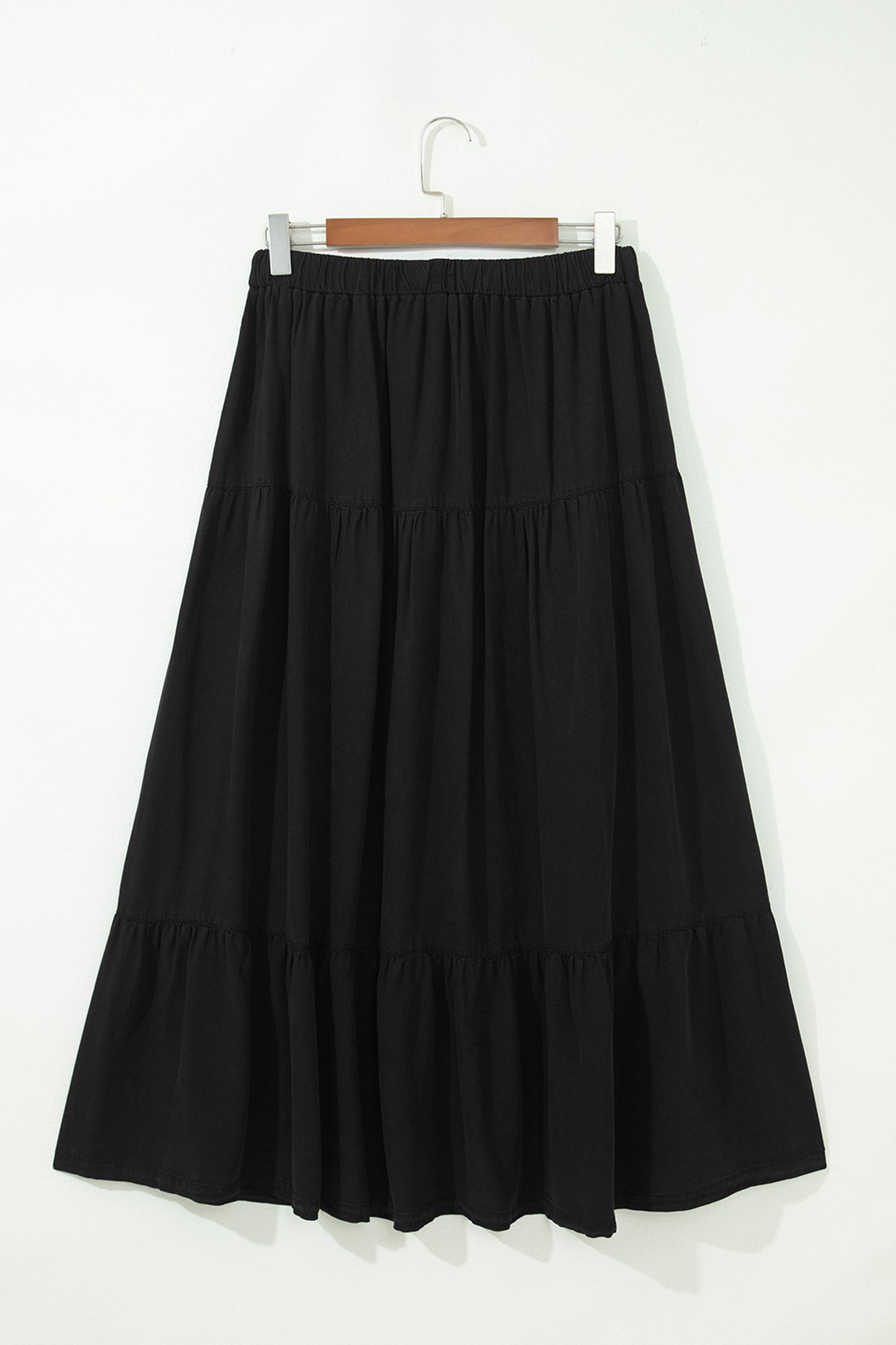 Black Elastic Waist Ruffled Tiered Flared Denim Maxi Skirt