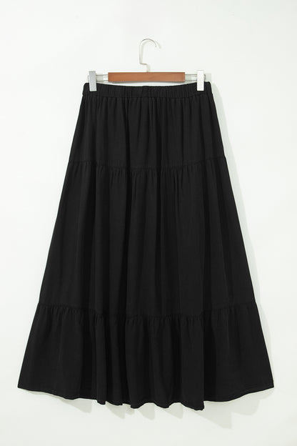 Black Elastic Waist Ruffled Tiered Flared Denim Maxi Skirt