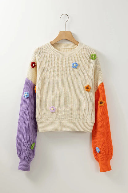 Multicolour Flower Applique Colorblock Drop Shoulder Sweater - Chic Meadow Boutique 