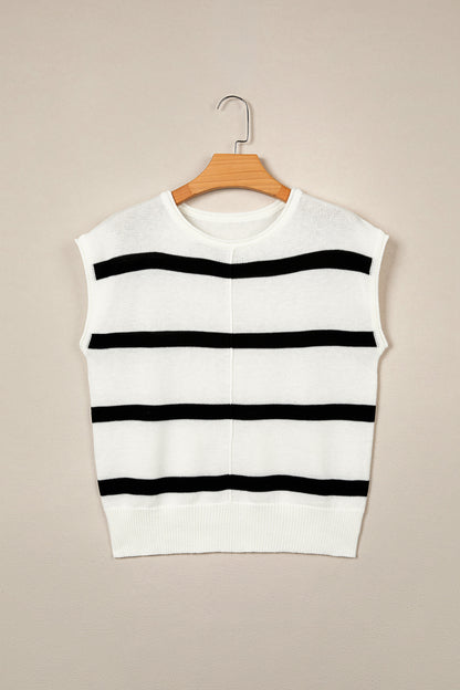 White Stripe Knit Western Short Sleeve Sweater