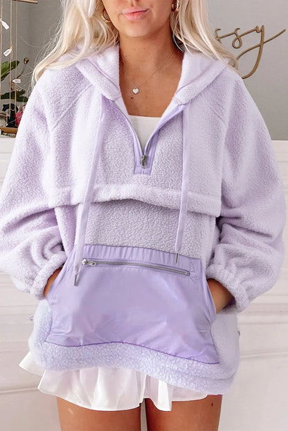 Lavendula Zipped Patch Pocket Fuzzy Drawstring Hoodie - Chic Meadow Boutique 