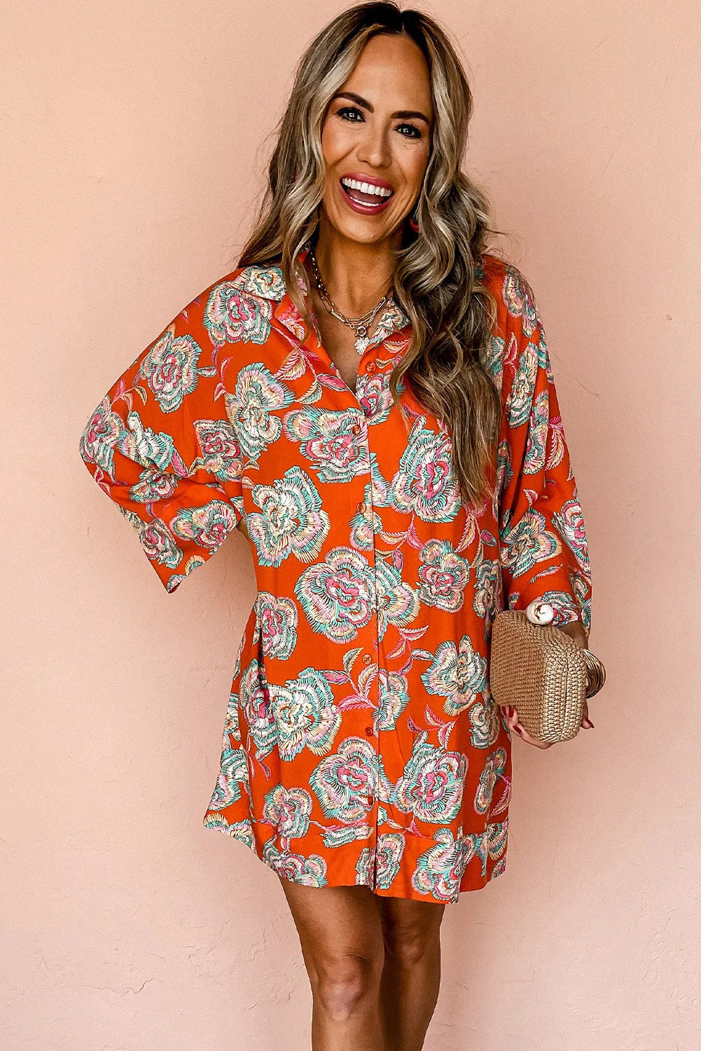 Red Floral Print Lapel Collar Loose Shirt Mini Dress - Chic Meadow Boutique 