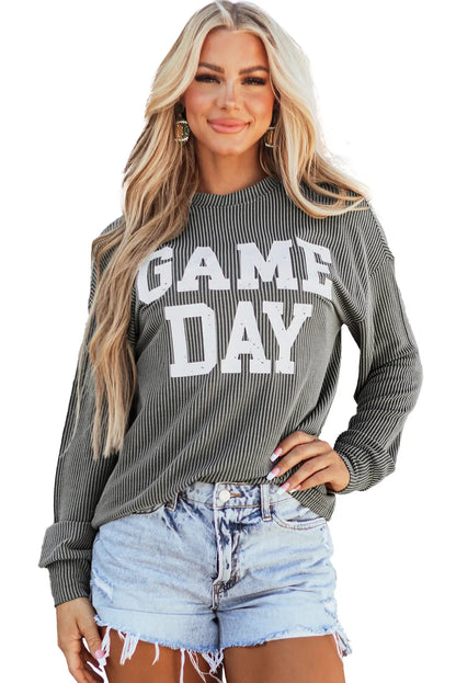 Dark Grey Corded GAME DAY Graphic Long Sleeve Crewneck Top - Chic Meadow Boutique 