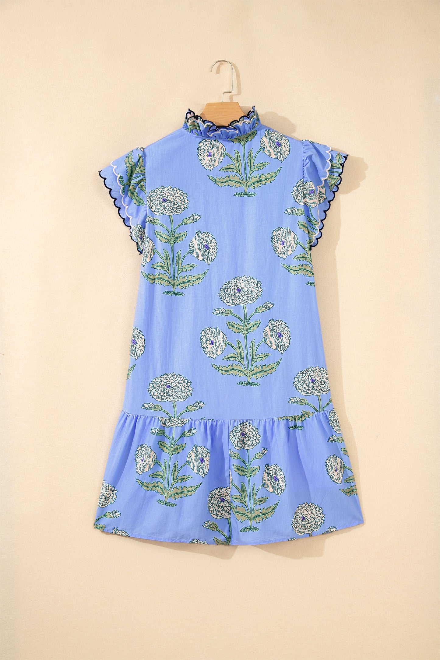 Sky Blue Wild Floral Print Scalloped Embroidery Trim V Neck Drop Waist Mini Dress