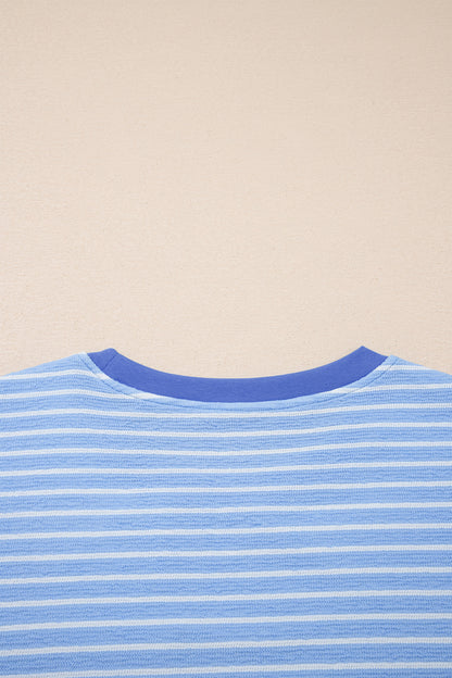 Sky Blue Stripe Crew Neck Tee Drawstring Waist Cropped Pants Set