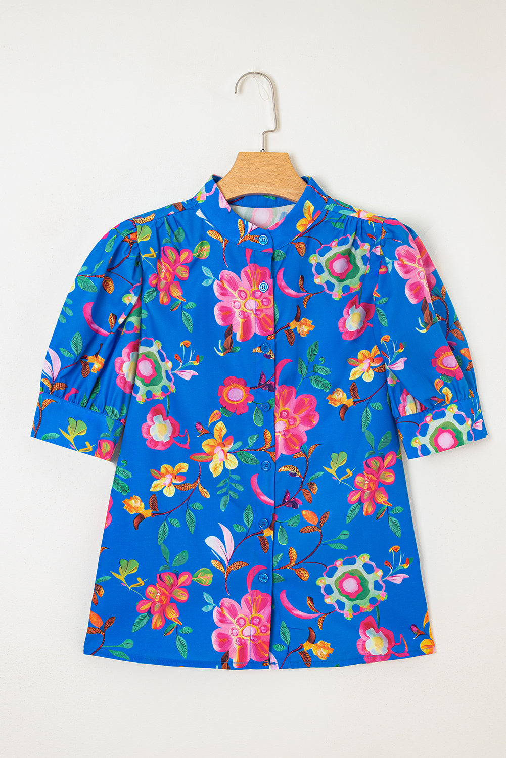 Blue Floral Short Puff Sleeve Button Up Shirt