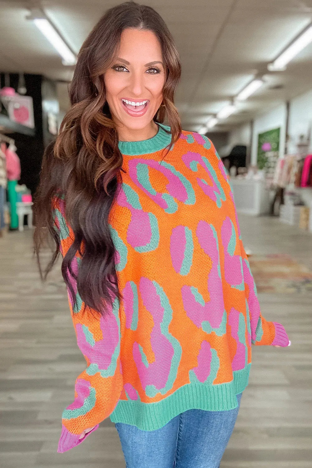 Orange Leopard Colorblock Ribbed Edge Sweater - Chic Meadow Boutique 