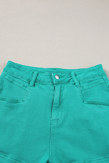 Turquoise Frayed Edge Mid Rise Denim Shorts - Chic Meadow Boutique 