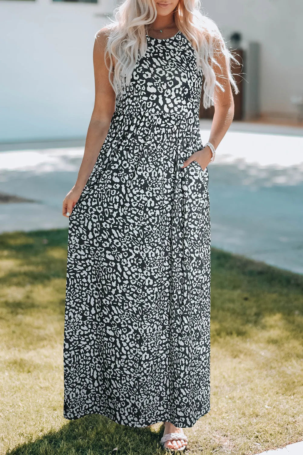 Gray Leopard Print Pocketed Sleeveless Maxi Dress - Chic Meadow Boutique 