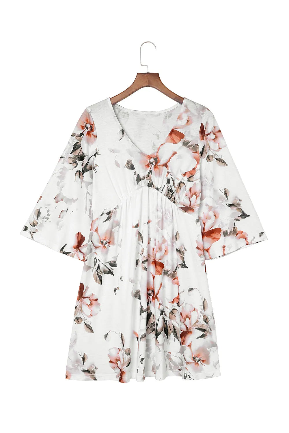 White V Neck 3/4 Sleeve Floral Dress - Chic Meadow Boutique 