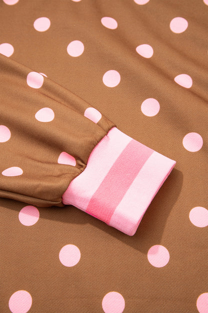 Brown Polka Dot Colorblock Round Neck Pullover Sweatshirt