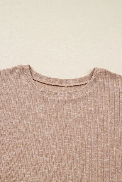 Dark Khaki Ribbed Balloon Sleeve Pullover Top and Biker Knitted Short Set