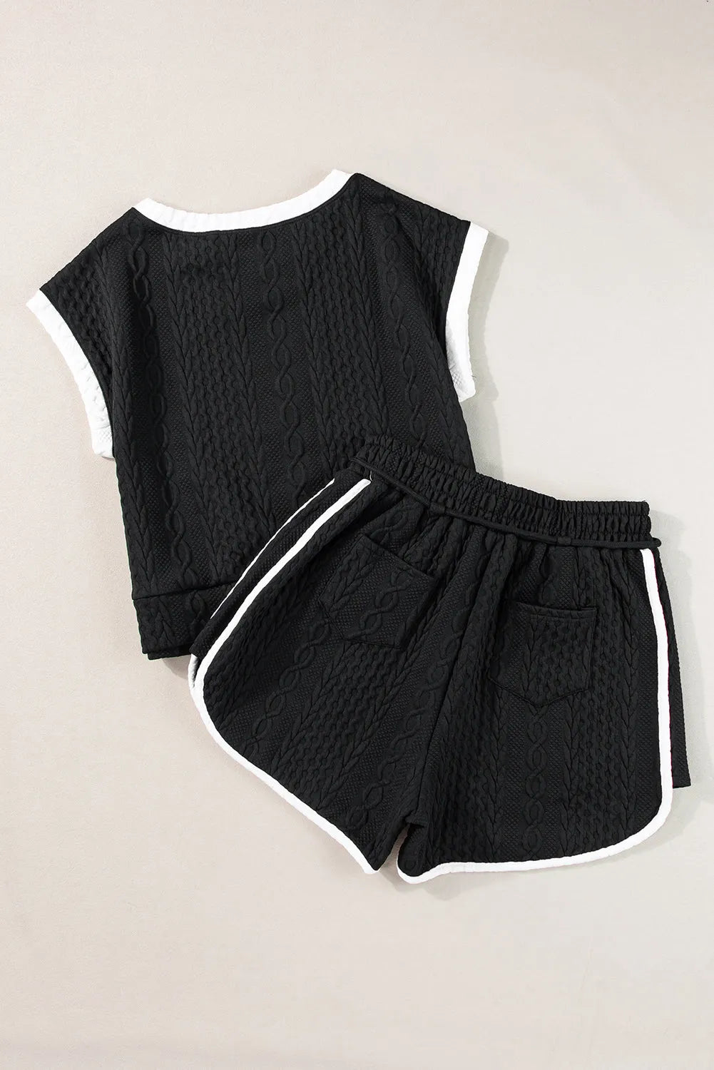 Black Contrast Trim Cable Textured Shorts Set - Chic Meadow Boutique 