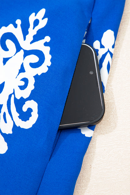 Blue Ethnic Geometric Print Collared Button Front Short Puff Sleeve Mini Dress