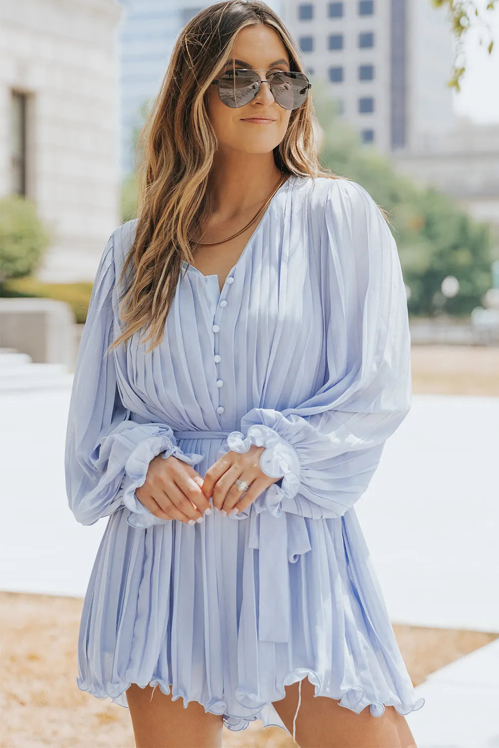 Sky Blue Pleated Ruffled Tie Waist Buttons V Neck Romper - Chic Meadow Boutique 